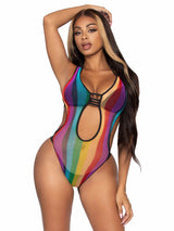 Rainbow Fishnet Cut Out Bodysuit With Strappy Bikini Back - One Size - Multicolor