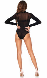 Opaque High Neck Long Sleeve Bodysuit With Snap Crotch - - Black