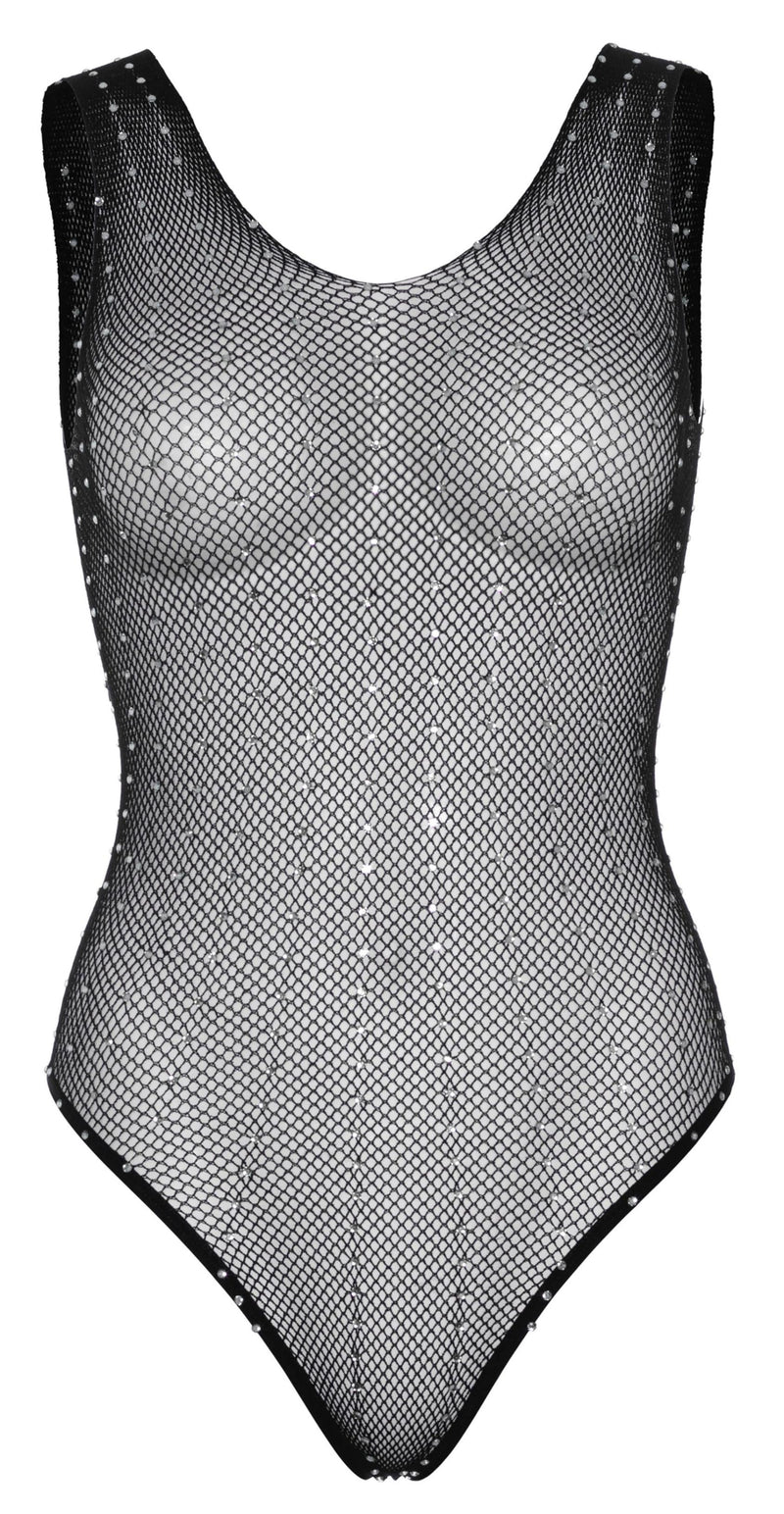 Rhinestone Fishnet Snap Crotch Bodysuit - One Size - Black